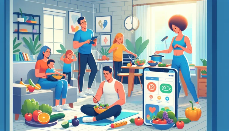 Una famiglia che cucina insieme cibi sani in cucina, simbolo di benessere e convivialità.