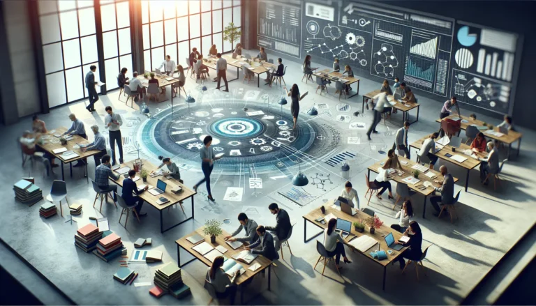 Un gruppo di professionisti in una sessione di brainstorming, simbolo di collaborazione e sviluppo delle competenze trasversali.