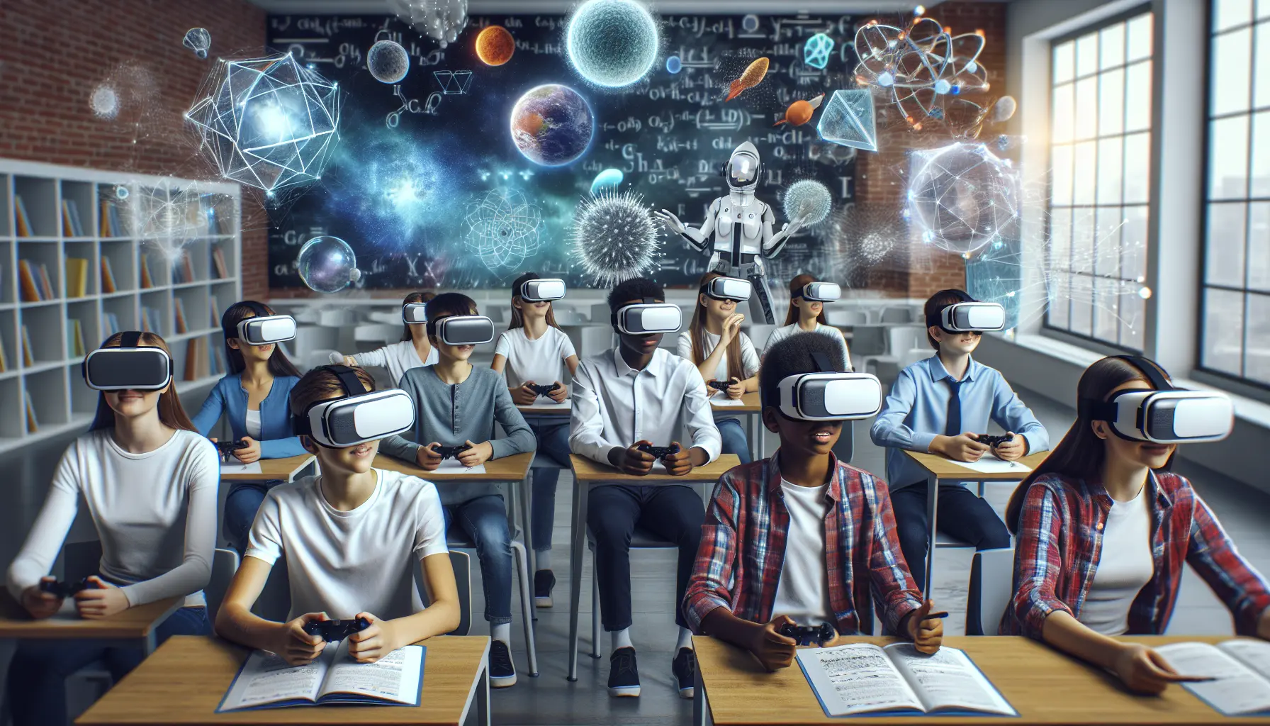 Studente che interagisce con un ambiente di realtà virtuale durante una lezione di scienze.