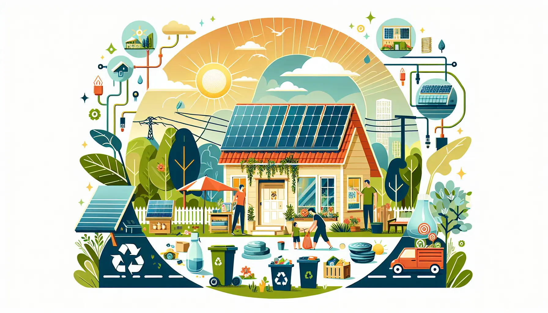 Famiglia che pratica il riciclaggio e utilizza energie rinnovabili in casa