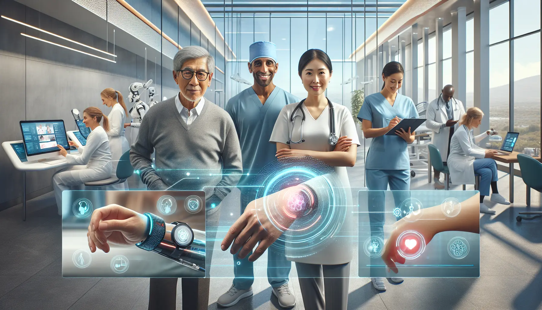 Un'immagine che rappresenta un dispositivo indossabile che monitora la salute, con parametri vitali mostrati su uno schermo.