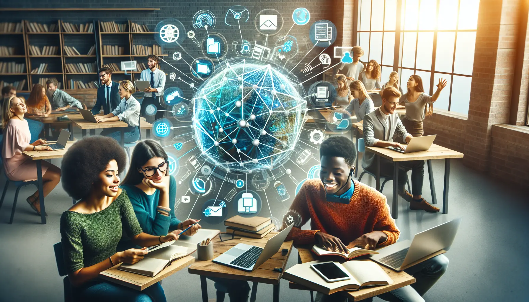 Studente che utilizza un laptop per studiare in un ambiente moderno e tecnologico.