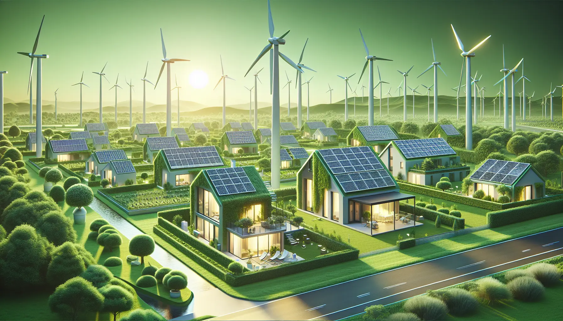 Immagine di una casa moderna con pannelli solari e una turbina eolica sullo sfondo, simbolo di sostenibilità e energie rinnovabili.