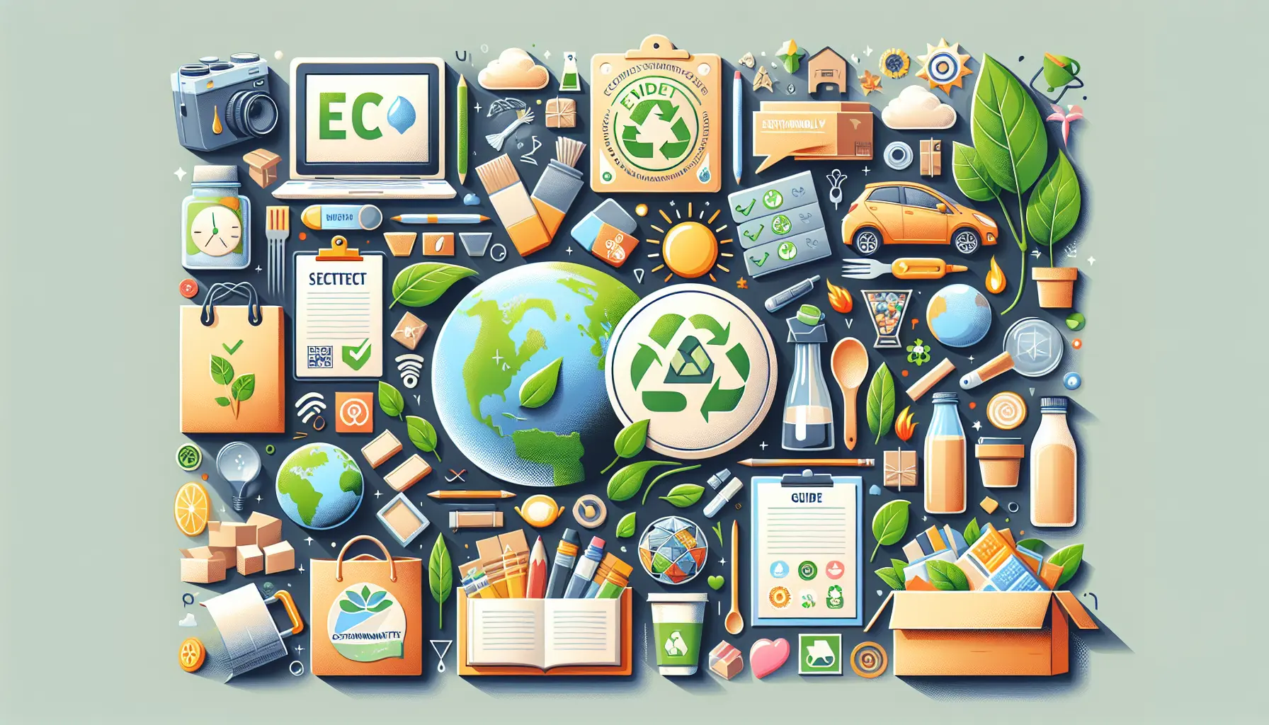 Un assortimento di prodotti eco-friendly, tra cui tessuti naturali, bottiglie riutilizzabili e articoli in bambù, disposti su un tavolo di legno.