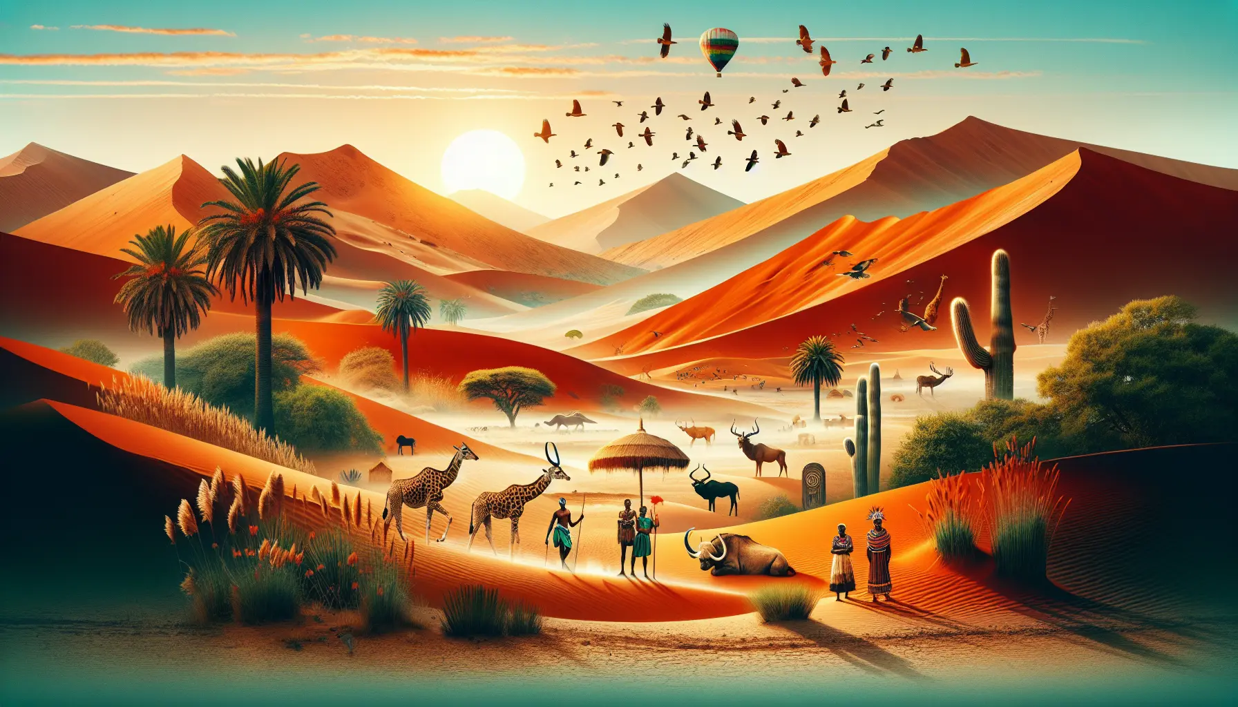 Paesaggio desertico della Namibia con dune di sabbia rosso intenso e cielo blu