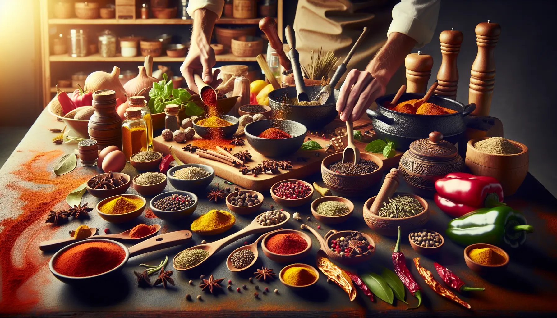 Varie spezie in barattoli colorati, pronte per essere utilizzate in cucina
