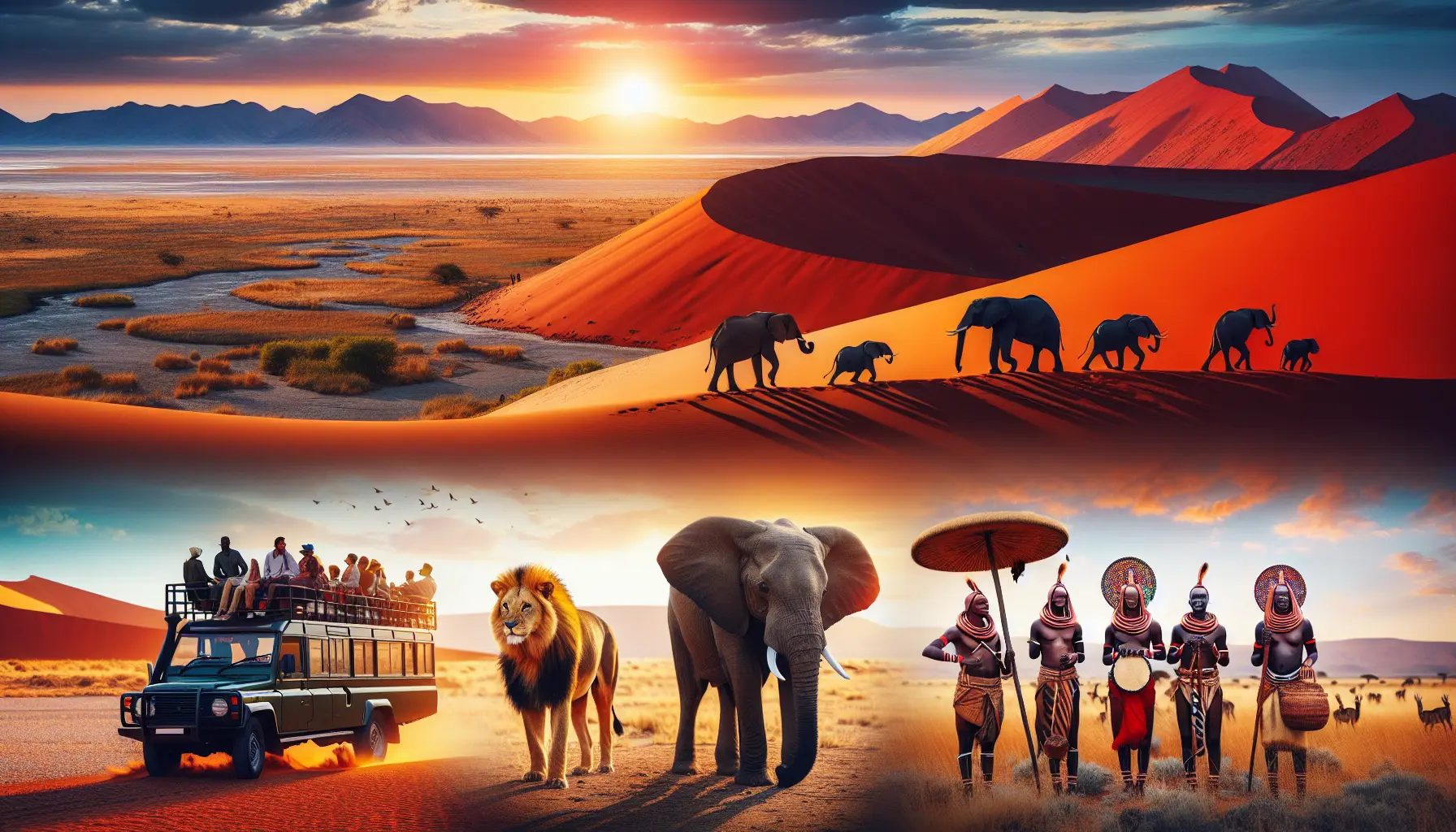 Paesaggio del deserto del Namib con dune rosse e cielo blu, simbolo della natura selvaggia della Namibia