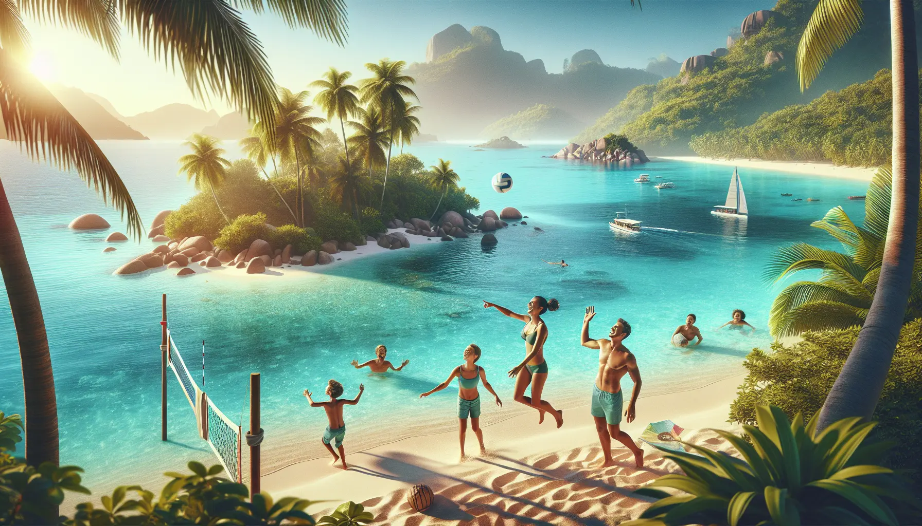 Una spiaggia tranquilla su un'isola meno conosciuta, con sabbia bianca e acque cristalline, ideale per famiglie in cerca di avventure.