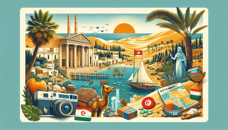 Panorama del deserto del Sahara in Tunisia con dune dorate e un cielo blu.