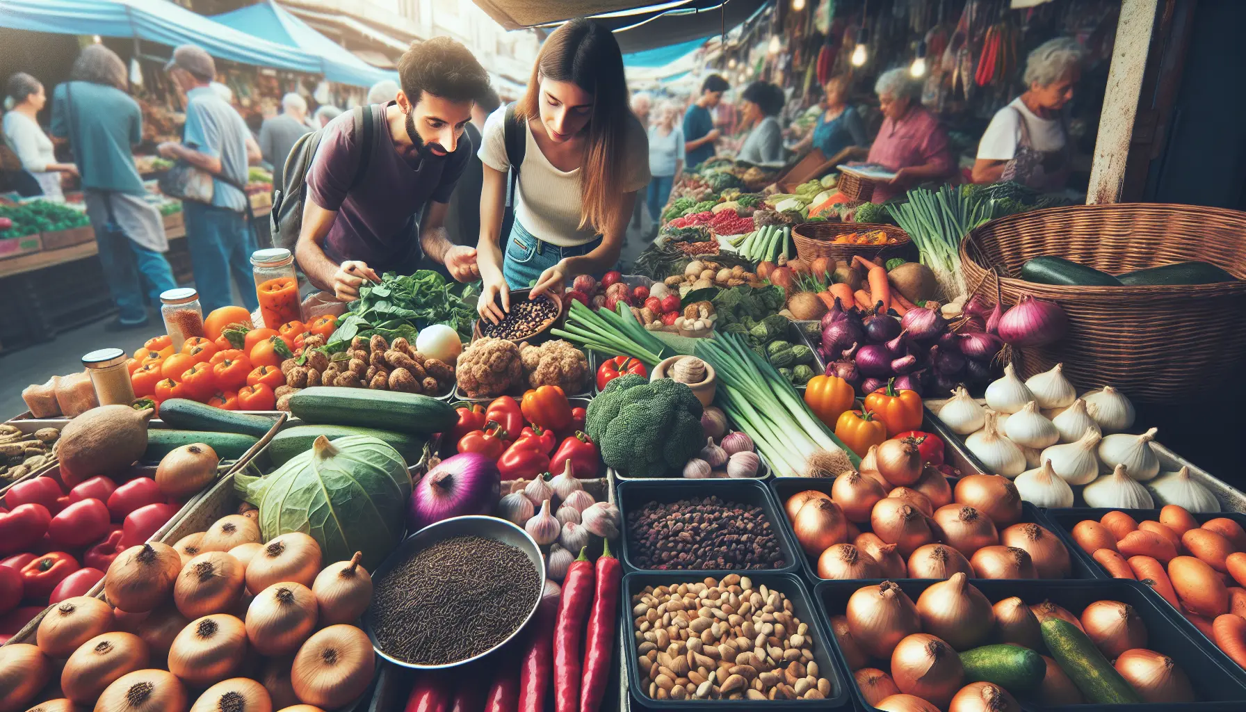 Bancarella di mercato con frutta e verdura fresca di stagione