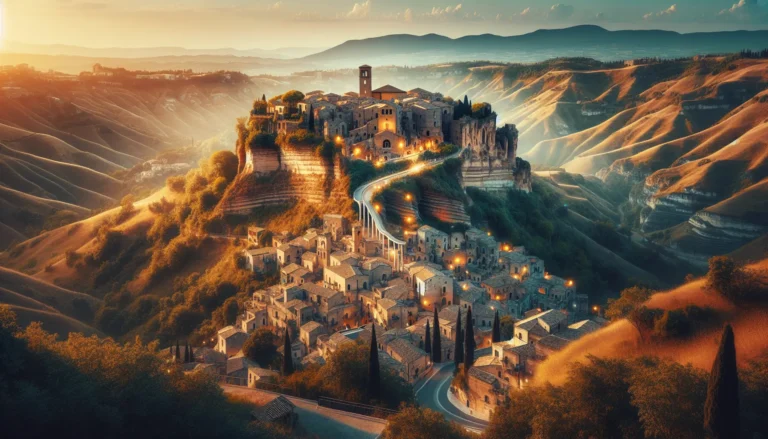 Panorama di Civita di Bagnoregio con il suo paesaggio mozzafiato e le antiche costruzioni.