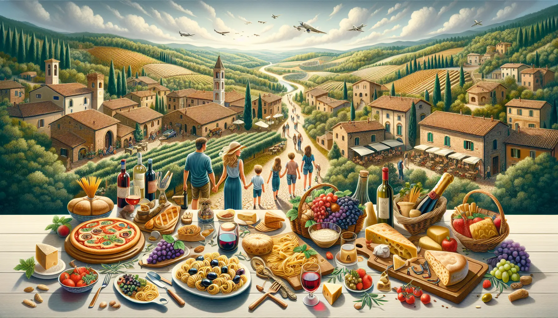 Famiglia che partecipa a un tour enogastronomico in un vigneto toscano, circondata da paesaggi naturali e prodotti tipici.