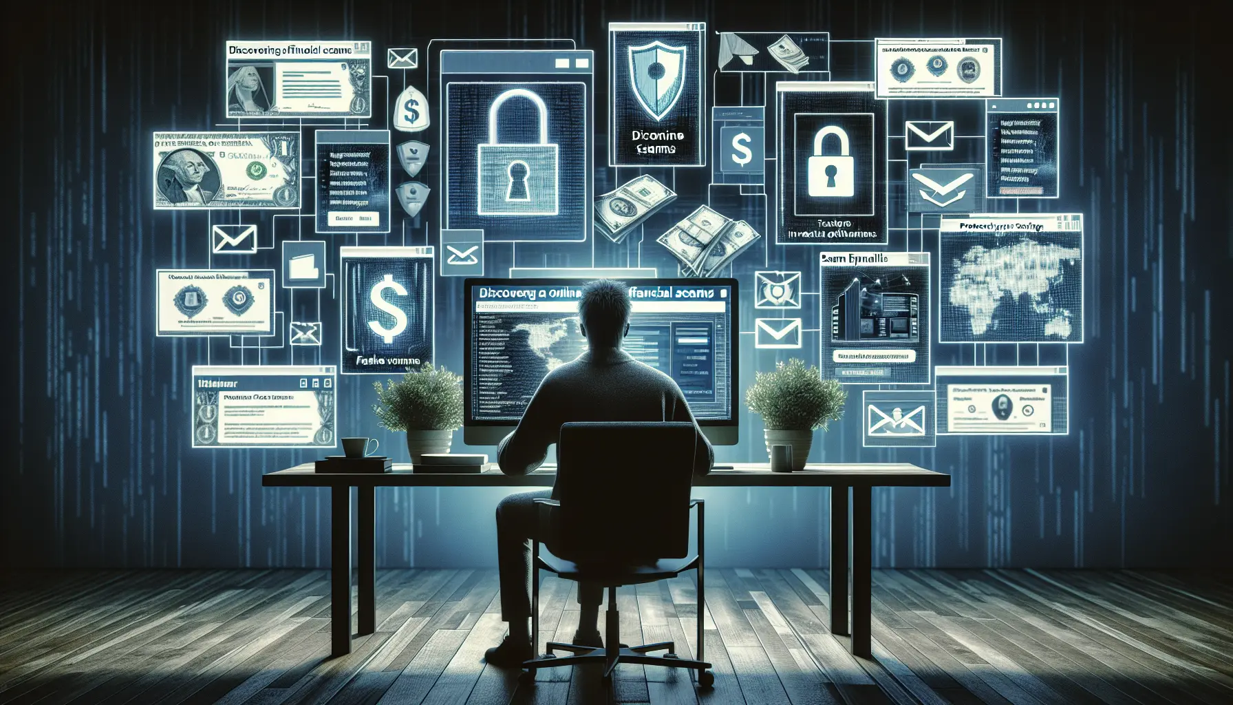 Una persona che naviga online con attenzione, proteggendo i propri risparmi da truffe finanziarie