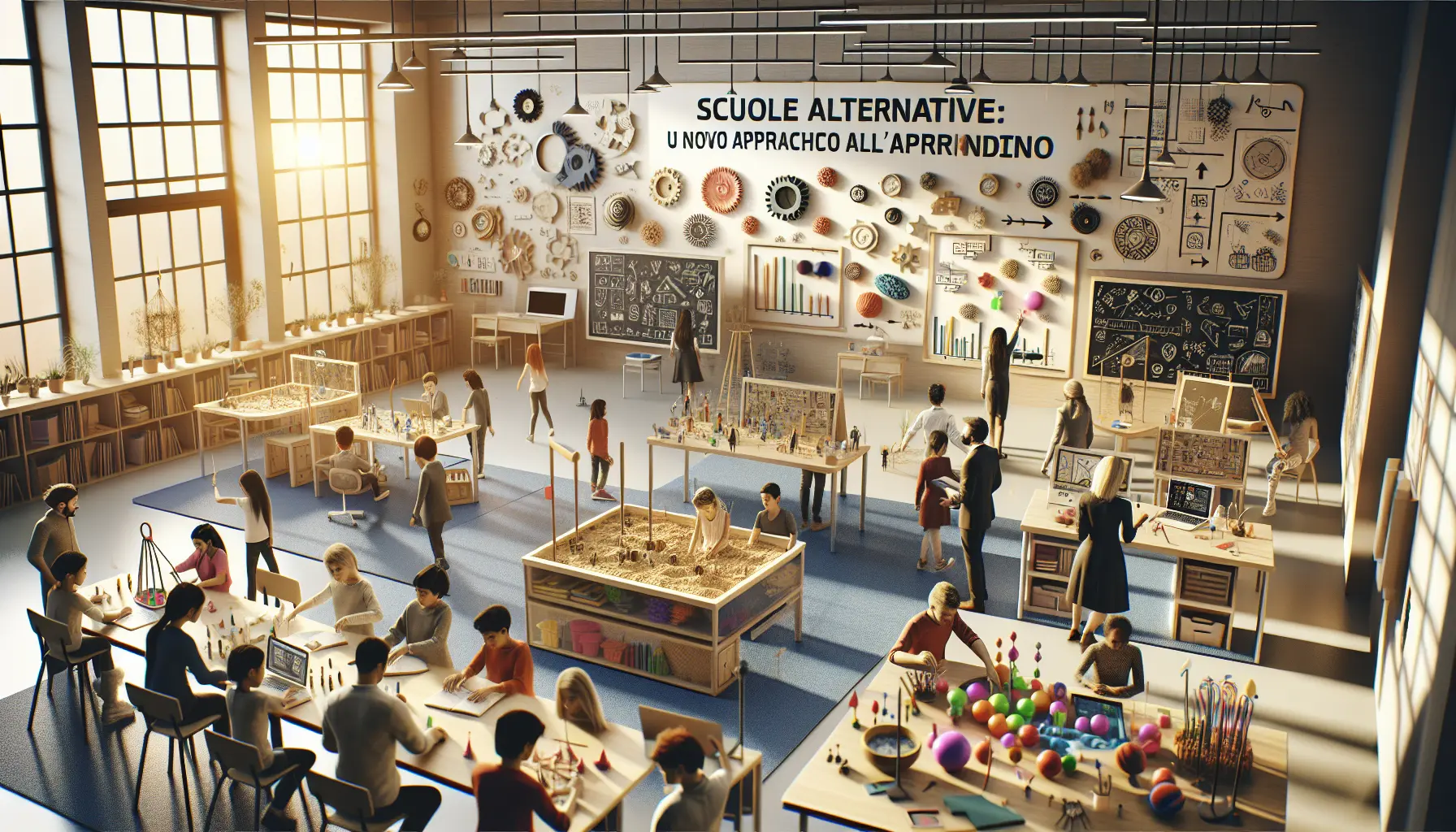 Un'aula di scuola alternativa con studenti impegnati in attività pratiche e collaborative.