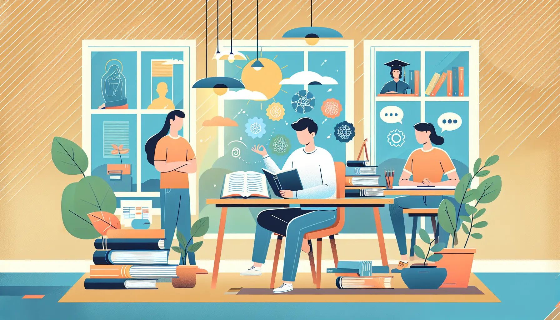 Studente che studia con calma e concentrazione, circondato da libri e appunti, mentre pratica tecniche di mindfulness.