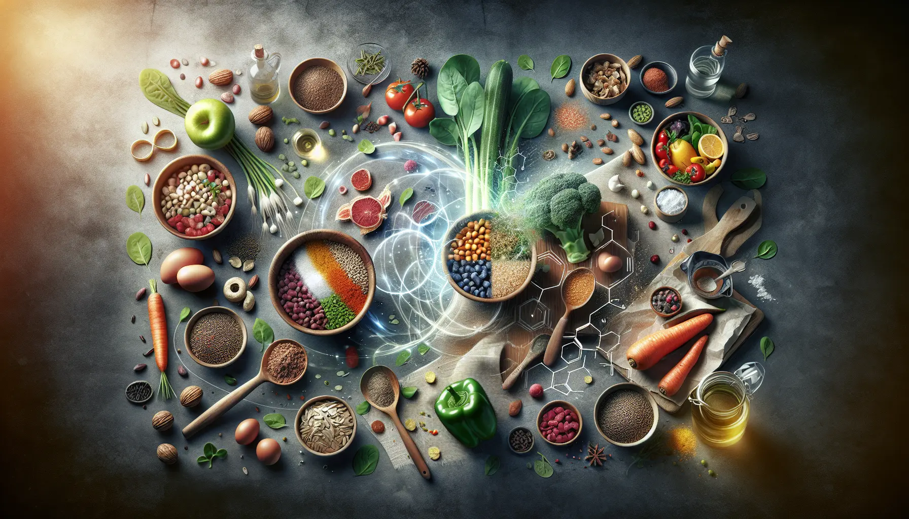 Un piatto colorato con superfood e ingredienti freschi di stagione, rappresentando la fusione tra salute e gastronomia.