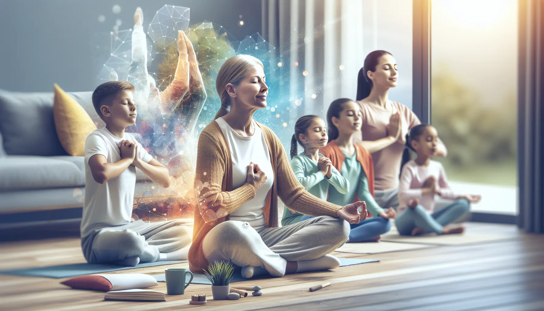 Una famiglia che pratica tecniche di respirazione insieme in un ambiente tranquillo