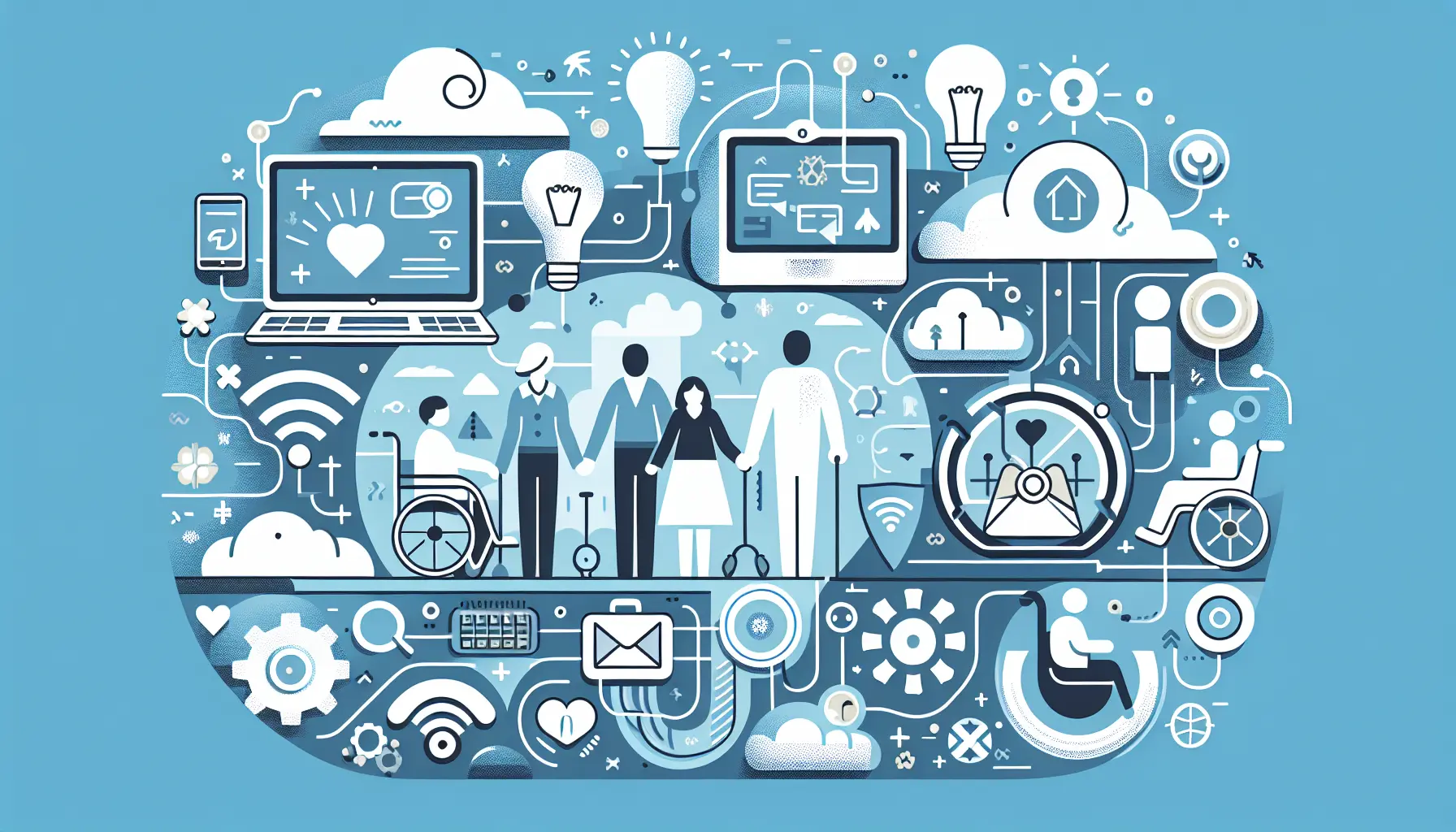 Immagine che rappresenta l'accessibilità tecnologica, con dispositivi assistivi e persone che interagiscono con la tecnologia.
