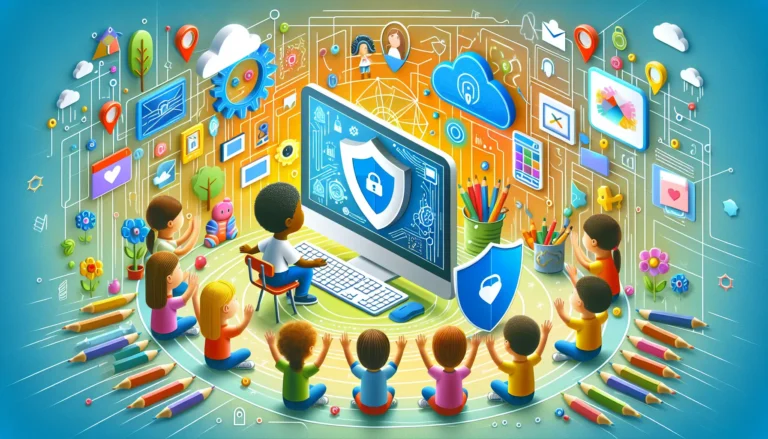 Un genitore che insegna al proprio figlio come navigare in sicurezza su internet