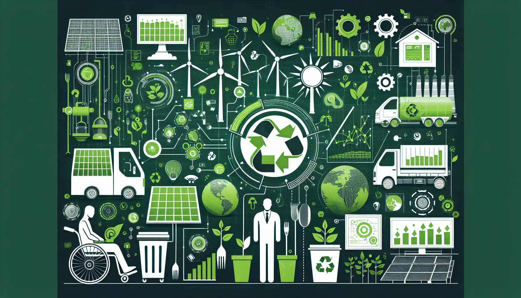 Un'immagine che rappresenta l'innovazione tecnologica nella sostenibilità, con pannelli solari, veicoli elettrici e droni per la gestione dei rifiuti.