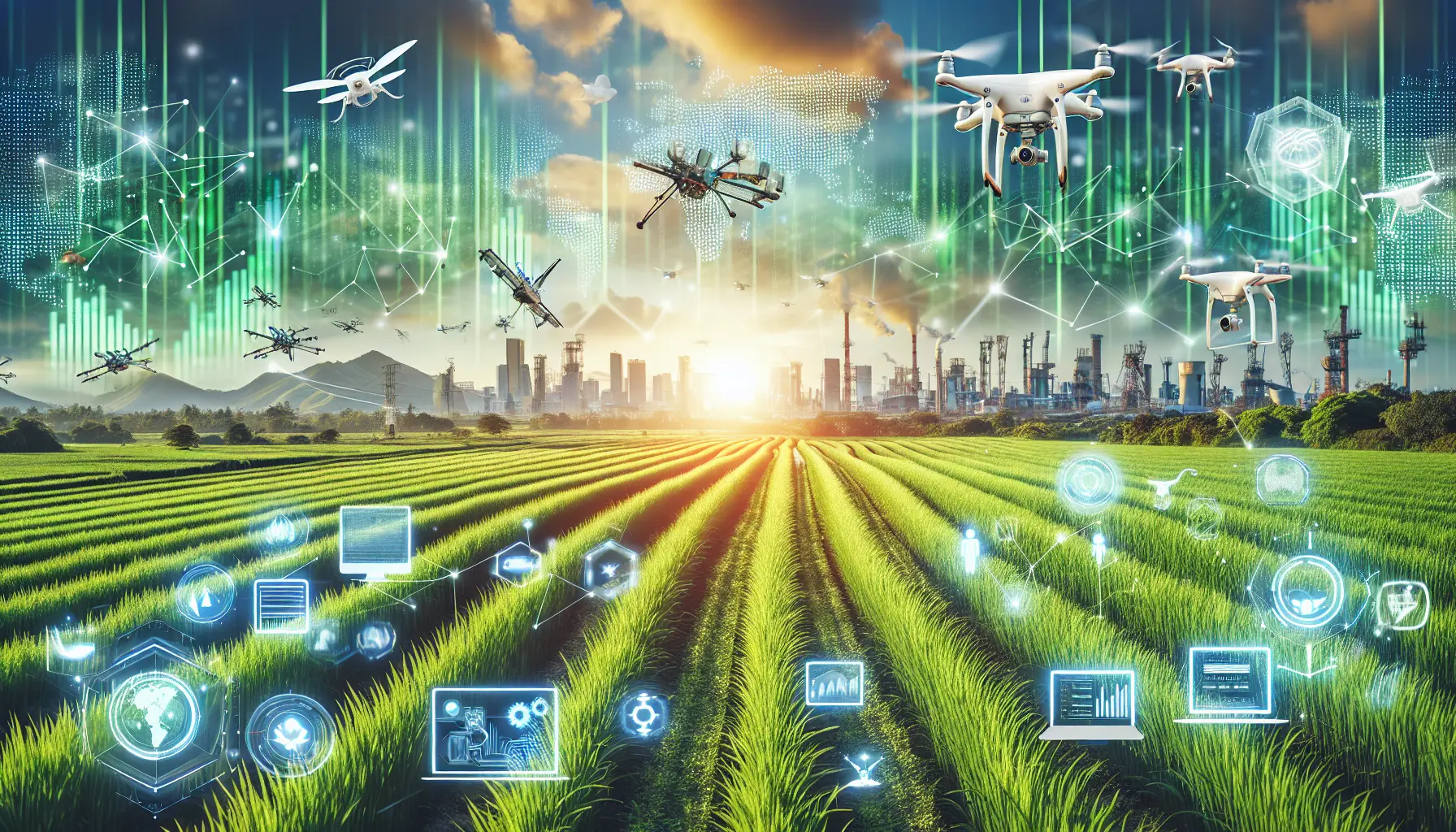 Un agricoltore utilizza un drone per monitorare un campo, evidenziando l'uso della tecnologia per pratiche agricole sostenibili.