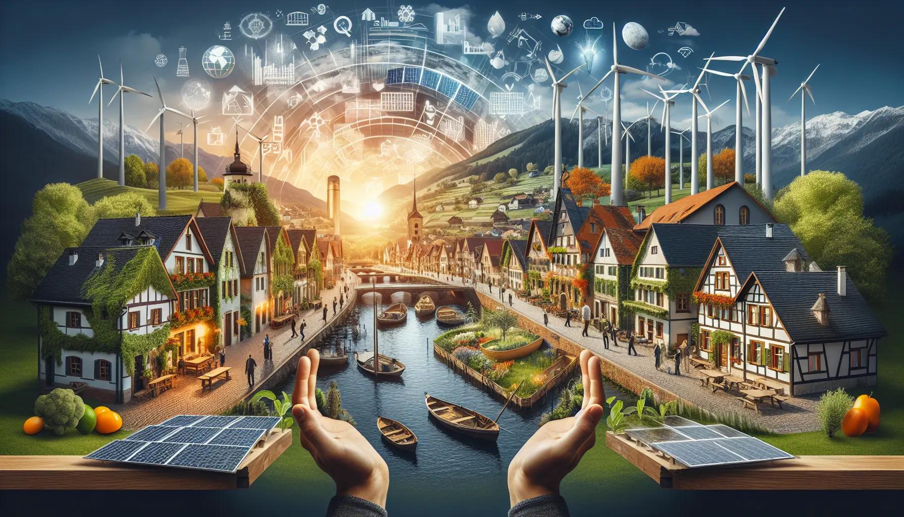 Un paesaggio rurale che mostra pratiche agricole sostenibili e l'uso di energie rinnovabili.
