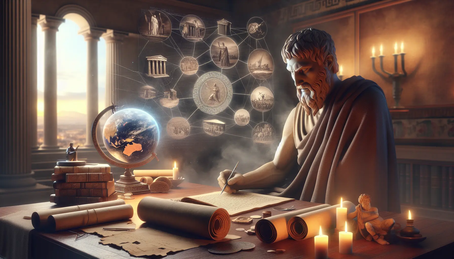 Rappresentazione artistica di Tucidide mentre scrive la sua opera sulla storia dell'antica Grecia.