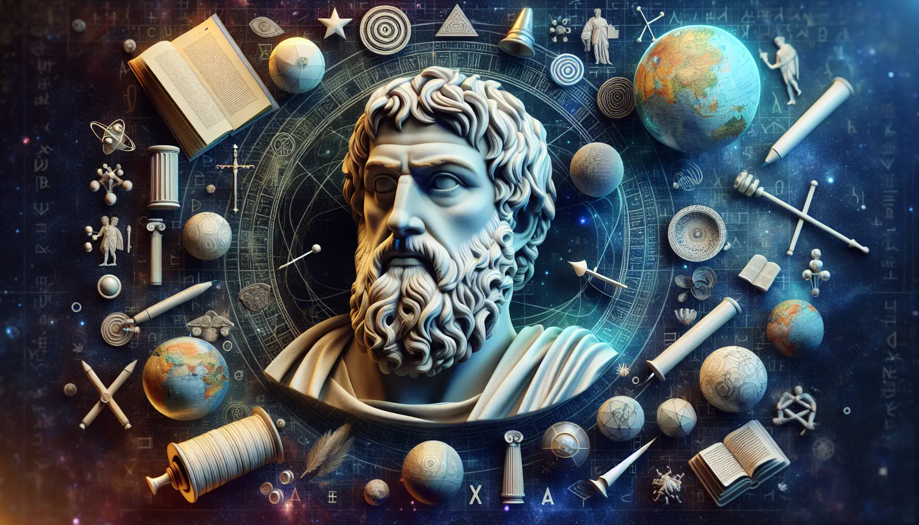 Rappresentazione di Tucidide mentre scrive la sua opera storica, circondato da pergameni e strumenti di scrittura.