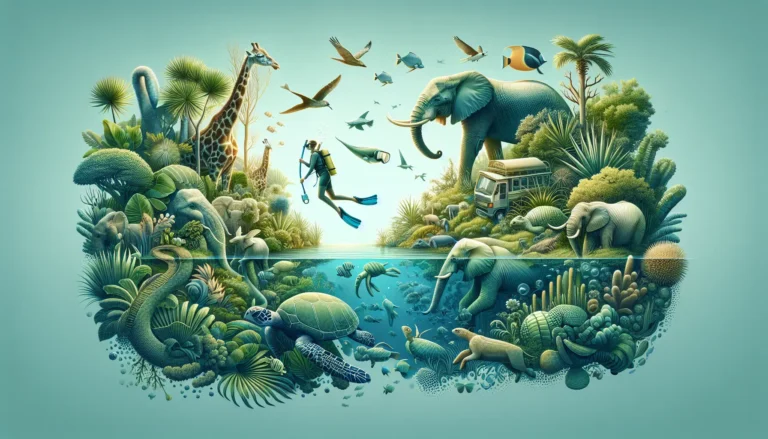 Un gruppo di viaggiatori in snorkeling in un'area marina protetta, circondati da pesci colorati e coralli.