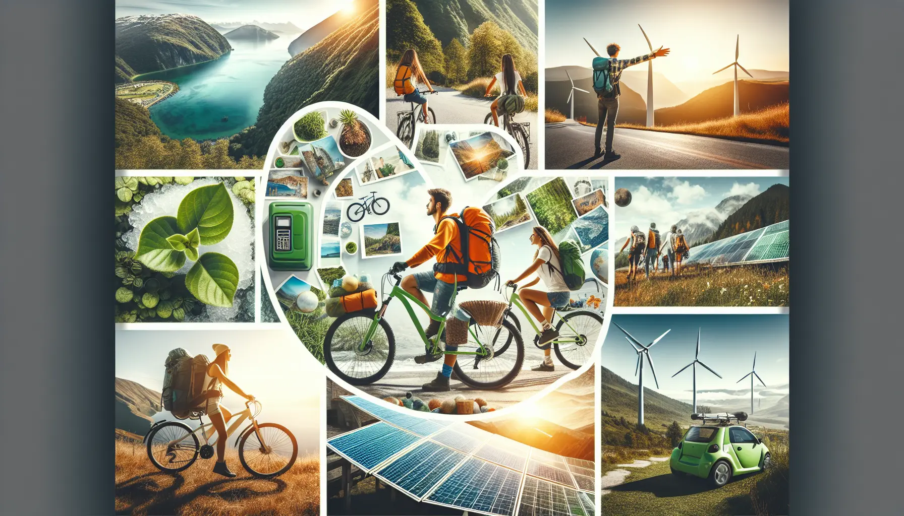 Viaggiatori che esplorano una destinazione naturale sostenibile, immersi nella bellezza del paesaggio e rispettando l'ambiente.