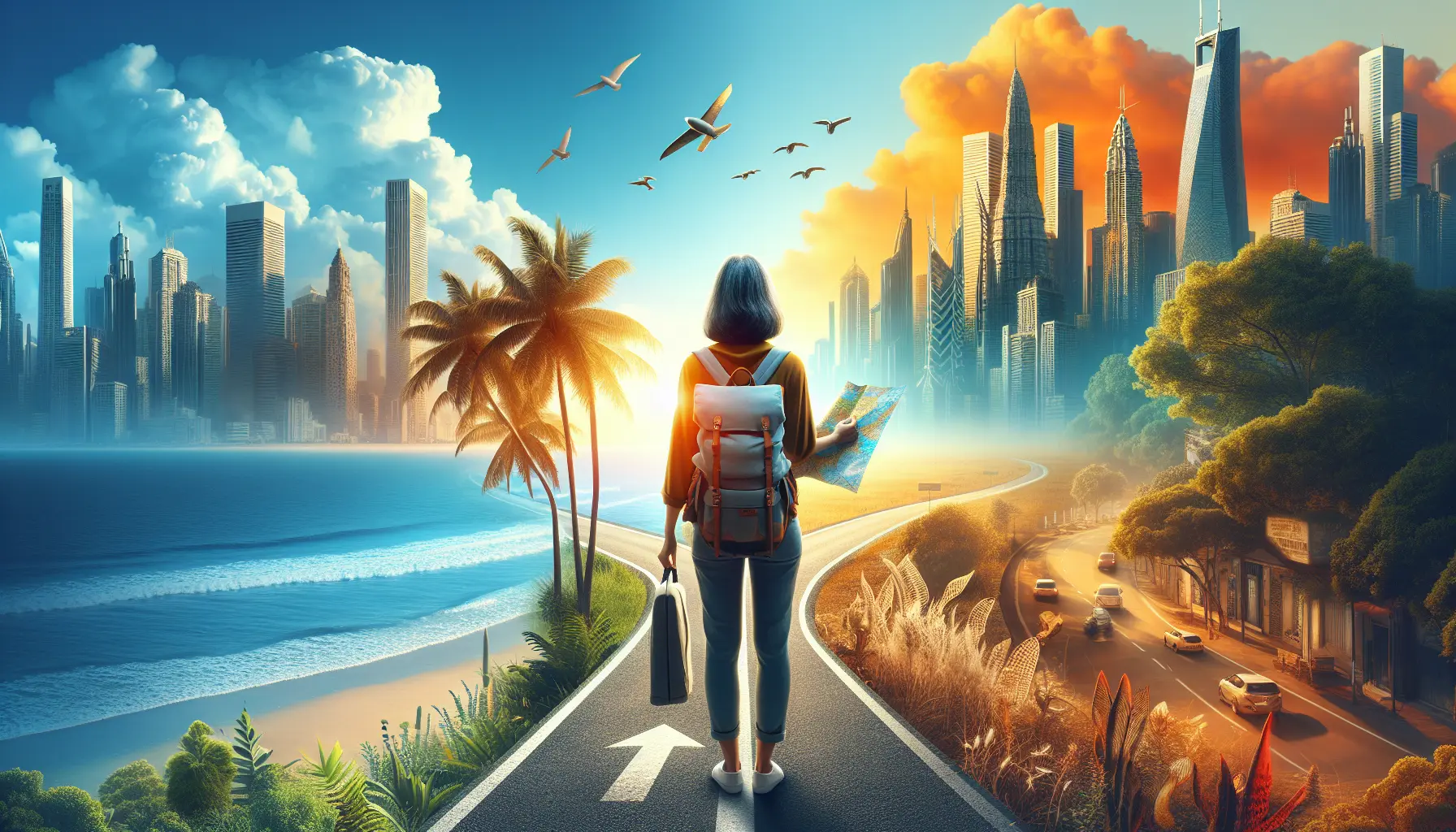 Un viaggiatore contemplativo che osserva un paesaggio mozzafiato, simbolo di scoperta e crescita personale attraverso il viaggio.