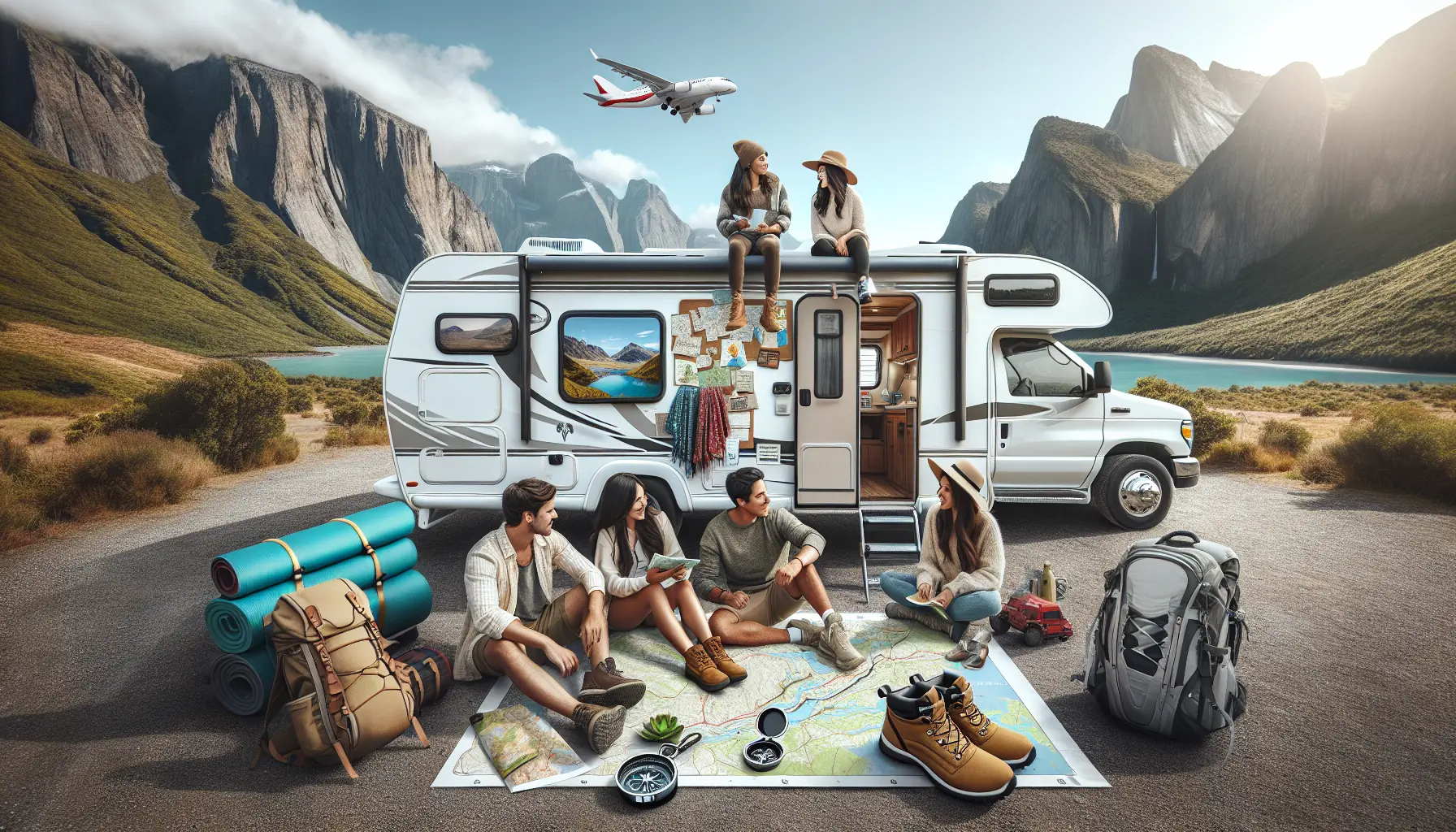 Un camper parcheggiato in un paesaggio naturale, circondato da alberi e montagne, rappresentando l'avventura del viaggio in camper.