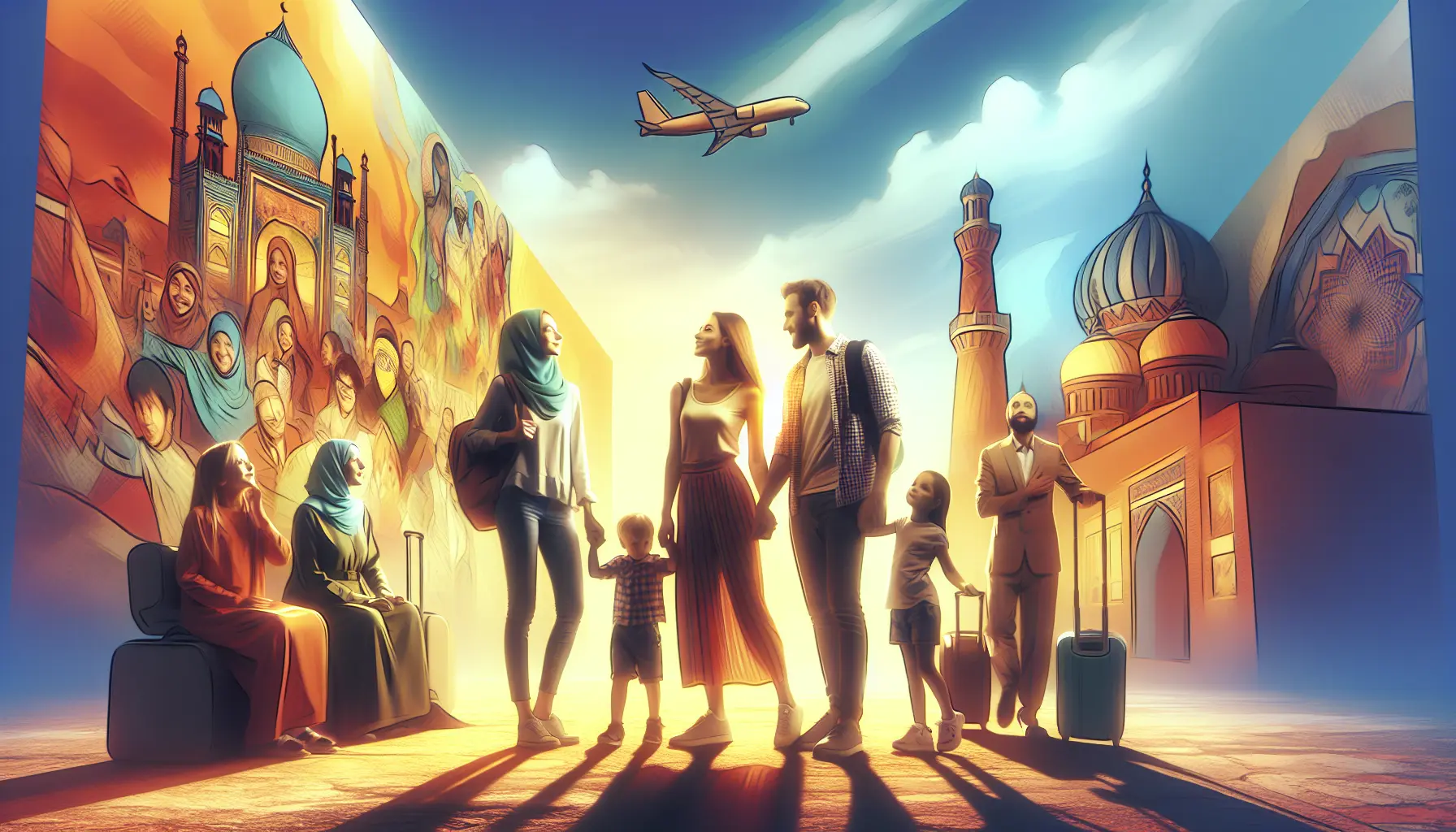 Famiglia in viaggio che esplora un mercato locale, circondati da colori e culture diverse.