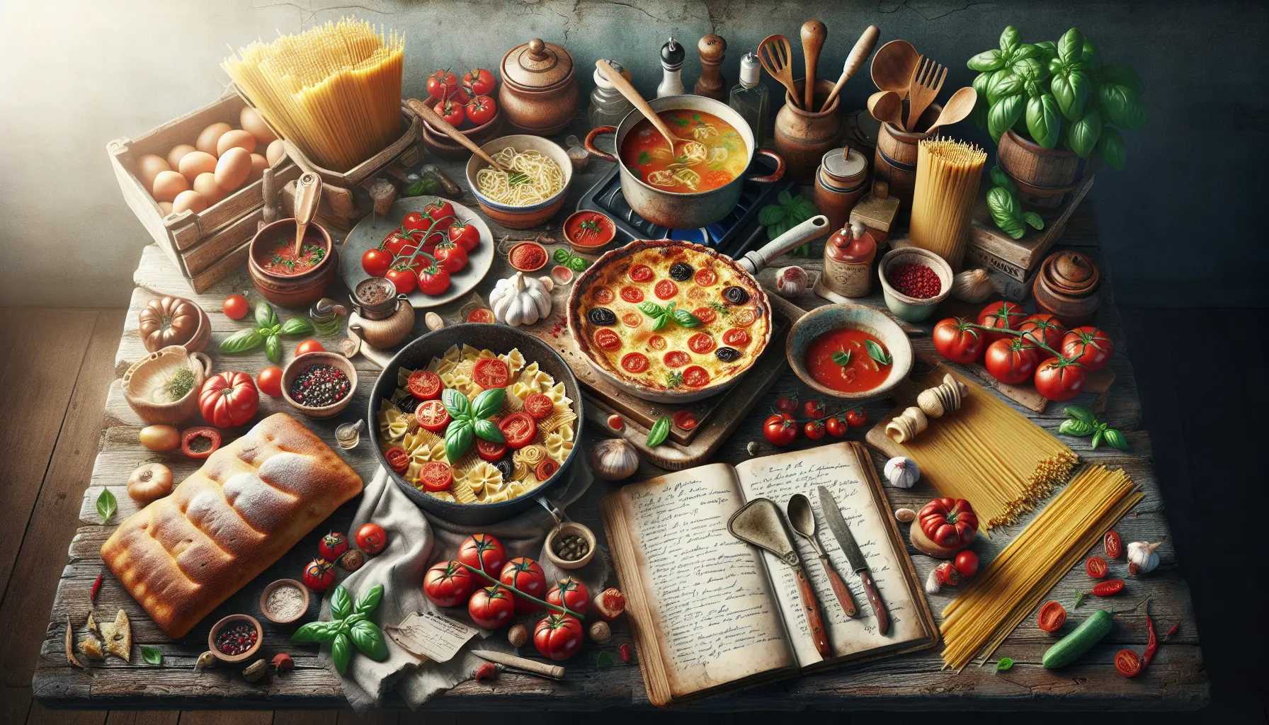 Un tavolo imbandito con piatti tipici della cucina regionale italiana, circondato da ingredienti freschi e colorati.