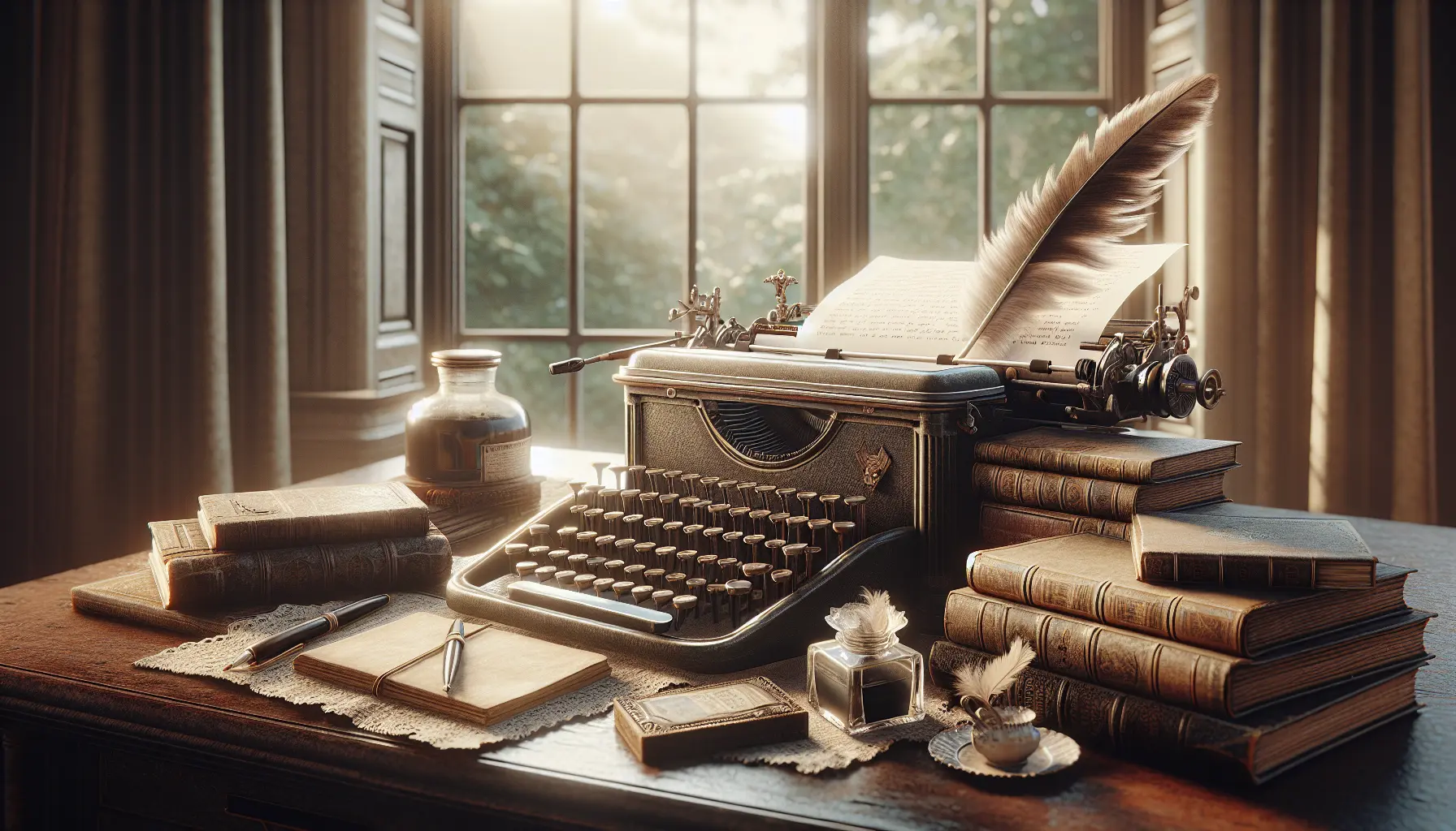 Ritratto di Virginia Woolf con uno sfondo di libri e penne, simbolo della sua passione per la scrittura e la letteratura.
