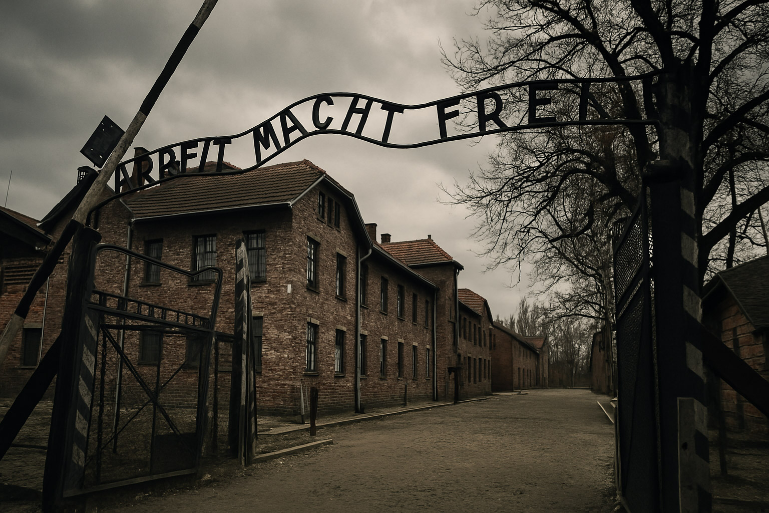 Ingresso del campo di concentramento di Auschwitz con il cancello "Arbeit Macht Frei" in una giornata grigia e cupa