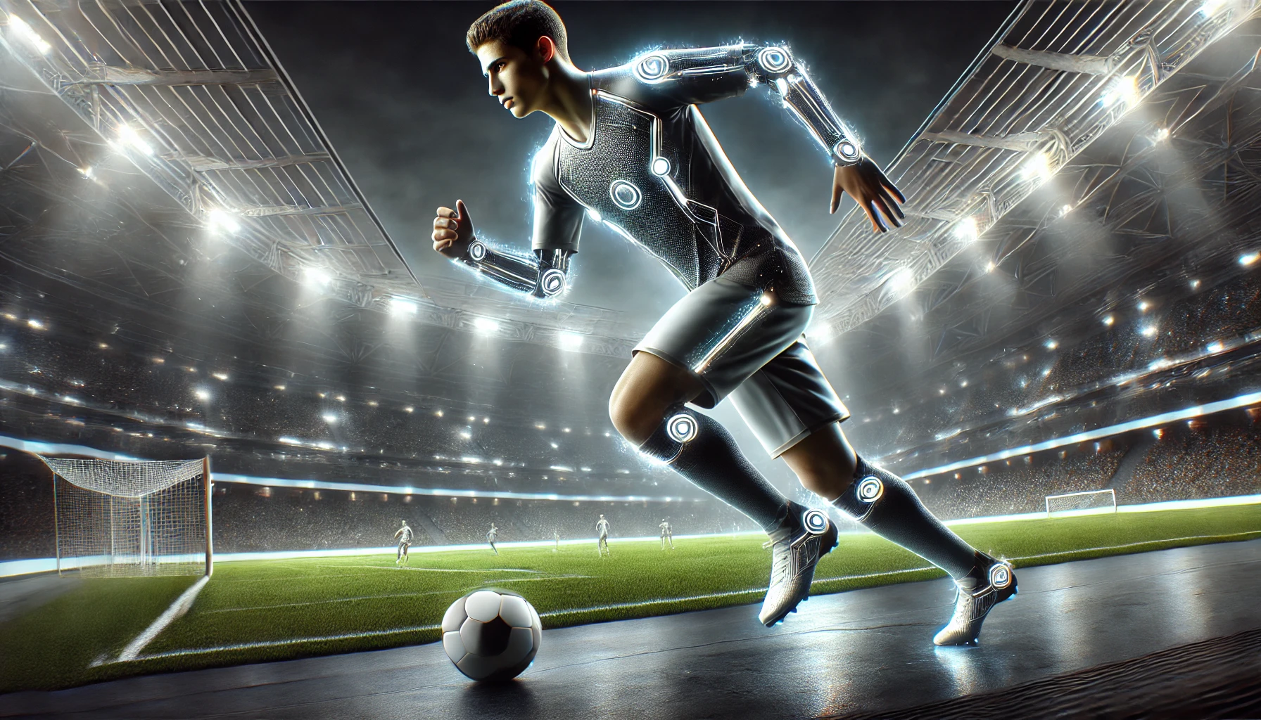 Un calciatore futuristico in azione in uno stadio tecnologicamente avanzato, simbolo dell'innovazione nel calcio e della sua influenza sulla società