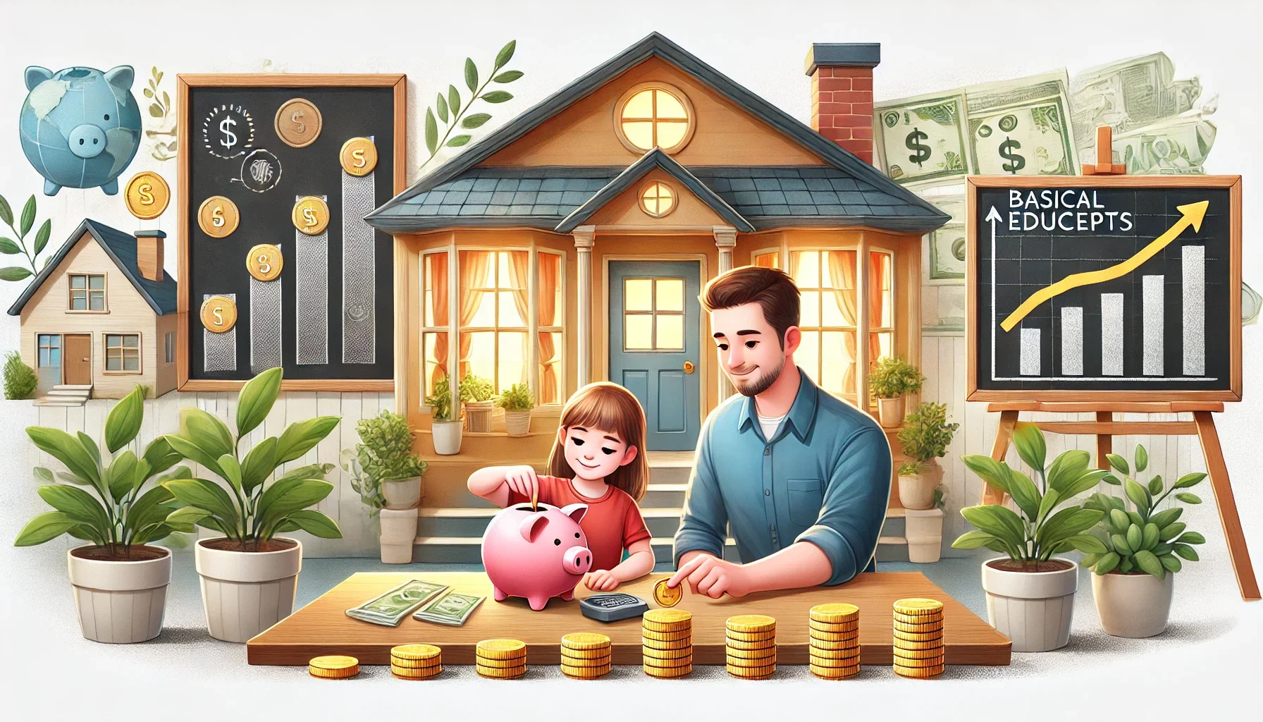 Genitore e bambino imparano a risparmiare insieme con un salvadanaio, simbolo di educazione finanziaria e investimenti per il futuro