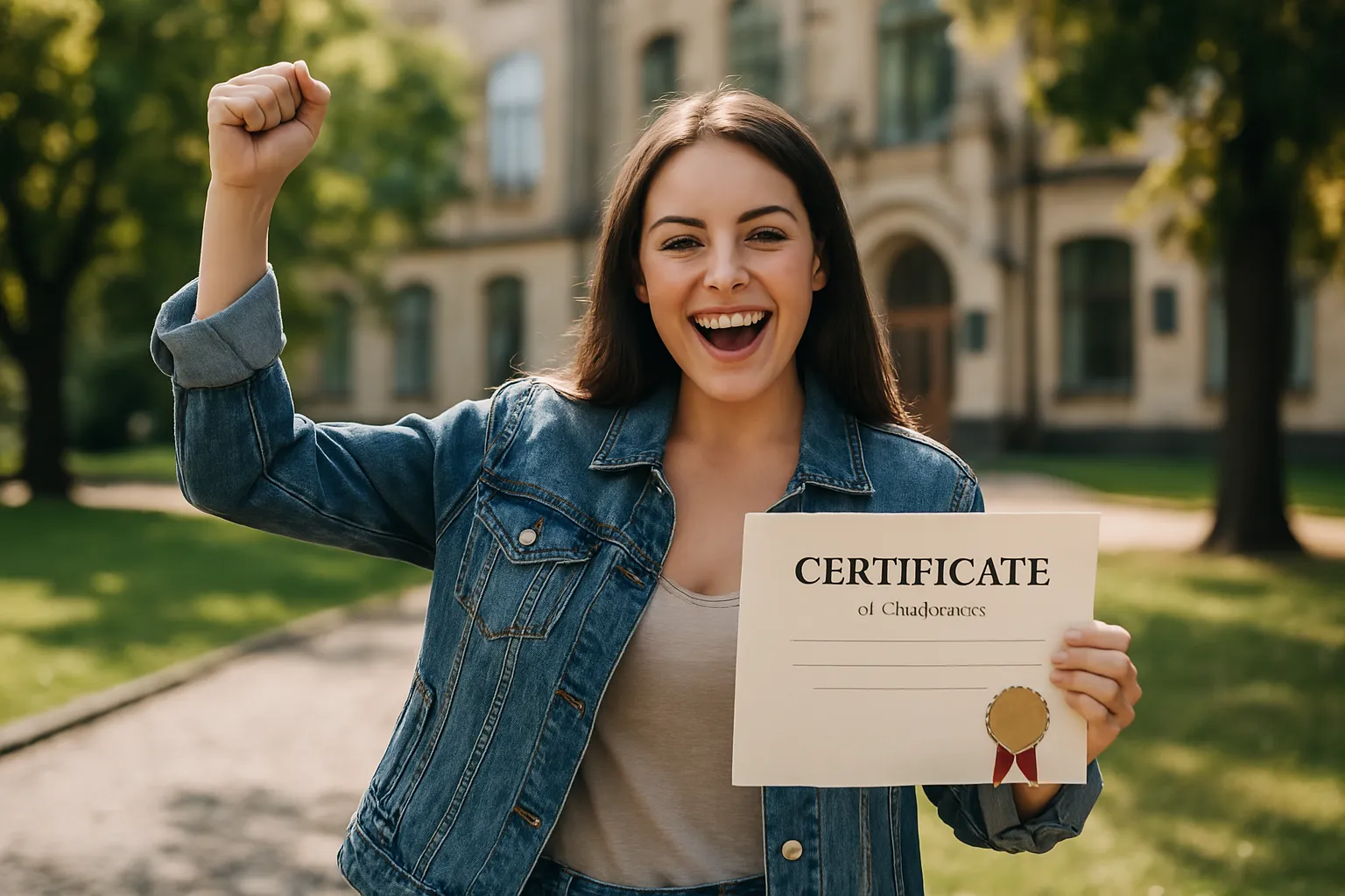 Giovane donna sorridente con certificato in mano davanti a un campus universitario