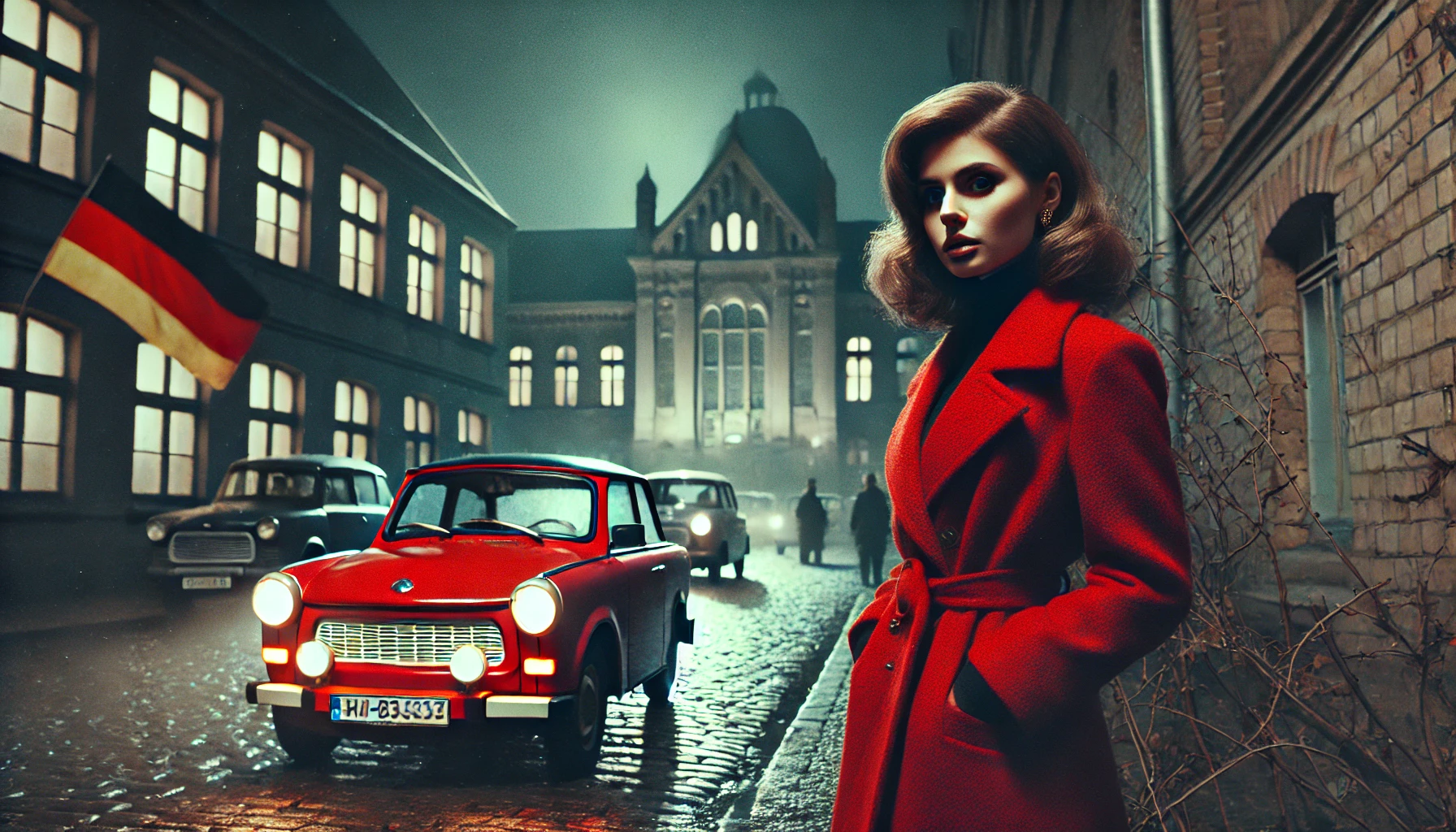 Donna misteriosa in un vicolo della Germania Est degli anni '80, con un cappotto rosso, accanto a un'auto d'epoca e palazzi sovietici. Atmosfera da thriller di spionaggio durante la Guerra Fredda.