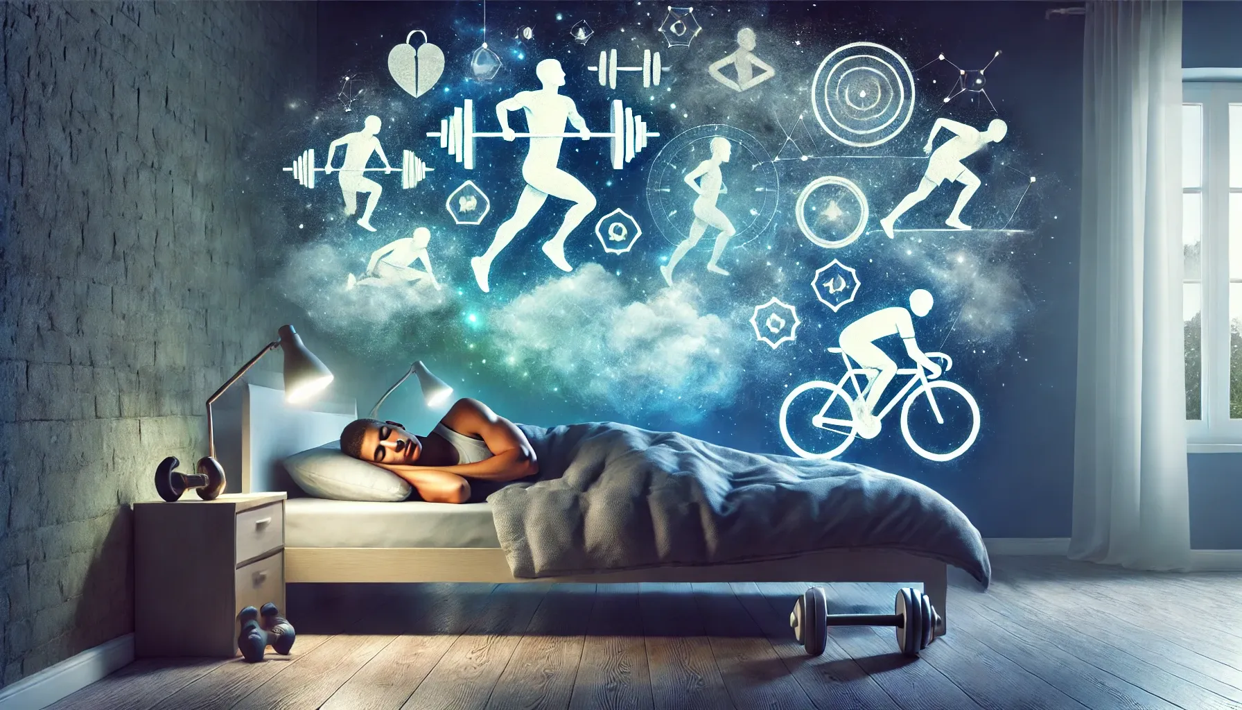 Un atleta amatoriale dorme serenamente in una stanza illuminata da una luce soffusa blu. Sullo sfondo, elementi onirici rappresentano il legame tra sonno e prestazioni sportive, con icone di corsa, ciclismo e sollevamento pesi che emergono delicatamente nel cielo notturno