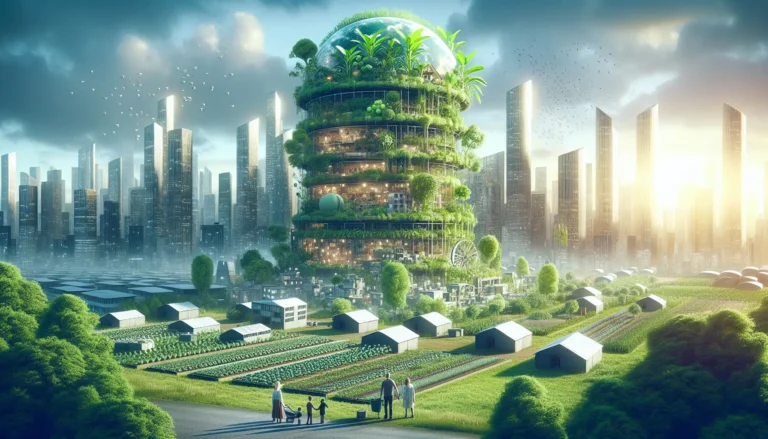 Un orto urbano rigoglioso con piante verdi e fiori colorati, simbolo di sostenibilità e cura del pianeta.