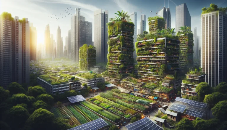 Giardino urbano con piante verdi e fiori colorati in un contesto metropolitano, simbolo di agricoltura urbana e sostenibilità