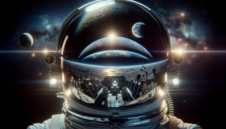 Astronauta che cammina sulla superficie lunare, con un paesaggio spaziale mozzafiato sullo sfondo.