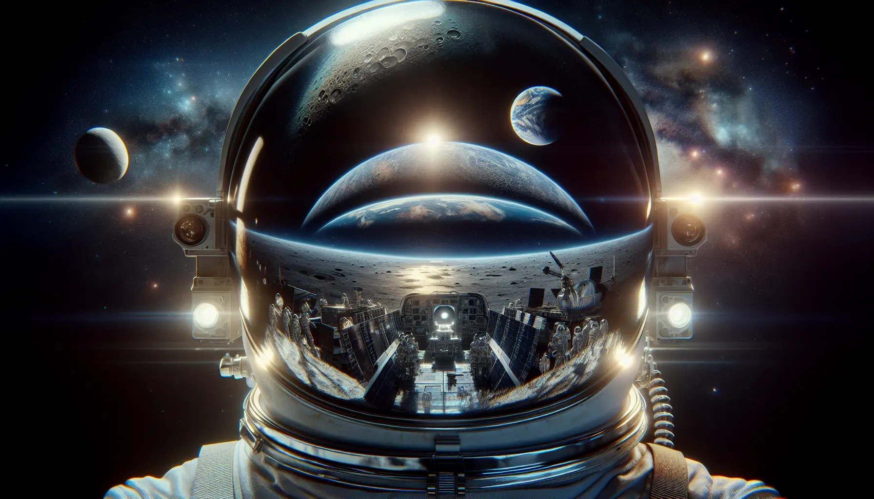 Astronauta che cammina sulla superficie lunare, con un paesaggio spaziale mozzafiato sullo sfondo.