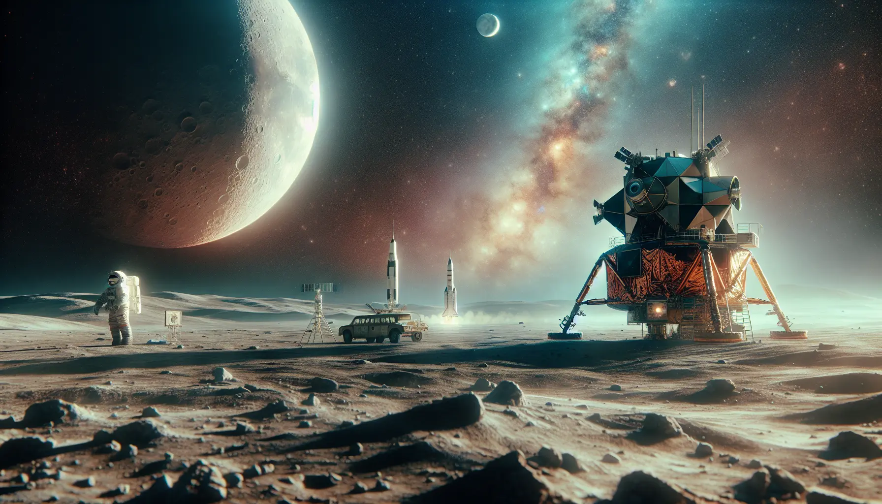 Astronauti sulla superficie lunare durante la missione Apollo 16, circondati da paesaggi lunari e crateri.