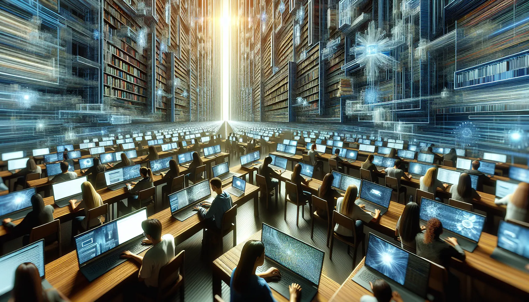 Studente che utilizza una biblioteca digitale su un laptop, circondato da libri e appunti