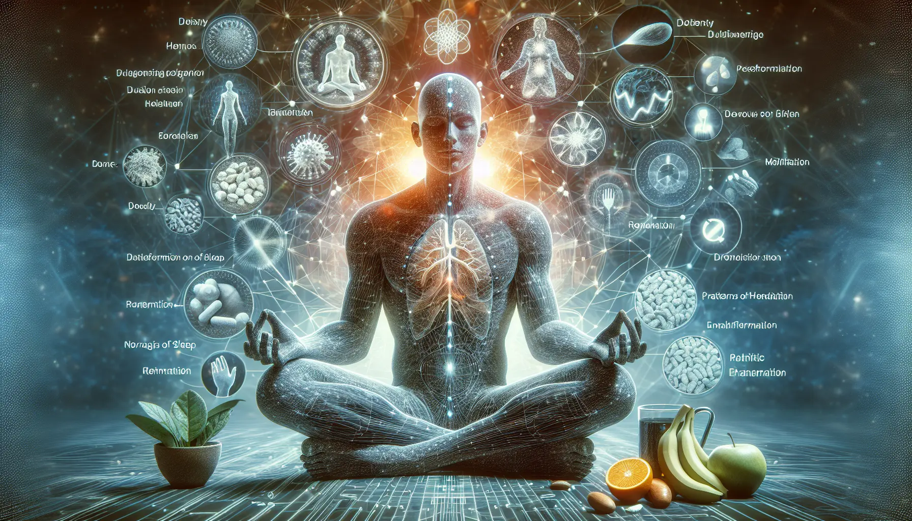 Un'immagine che rappresenta il biohacking, con elementi di salute e tecnologia, come dispositivi indossabili e cibi salutari.