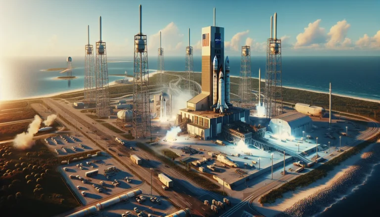 Vista panoramica di Cape Canaveral con razzi in partenza e il Kennedy Space Center sullo sfondo.