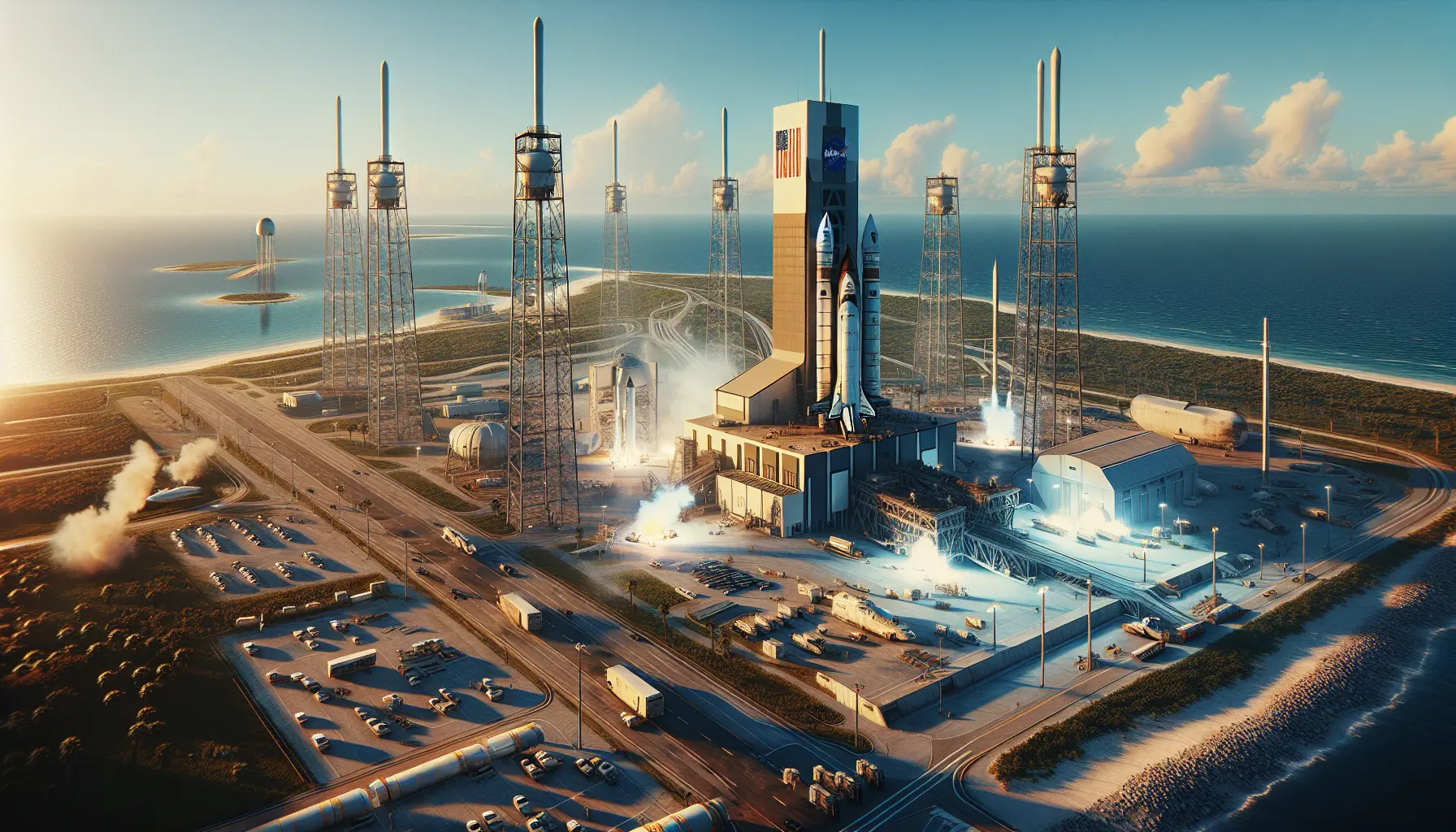 Vista panoramica di Cape Canaveral con razzi in partenza e il Kennedy Space Center sullo sfondo.